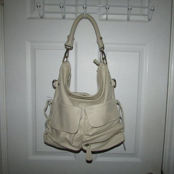 Leather Cream Pocketed Hobo Handbag - NEW - Picture 2 of 15